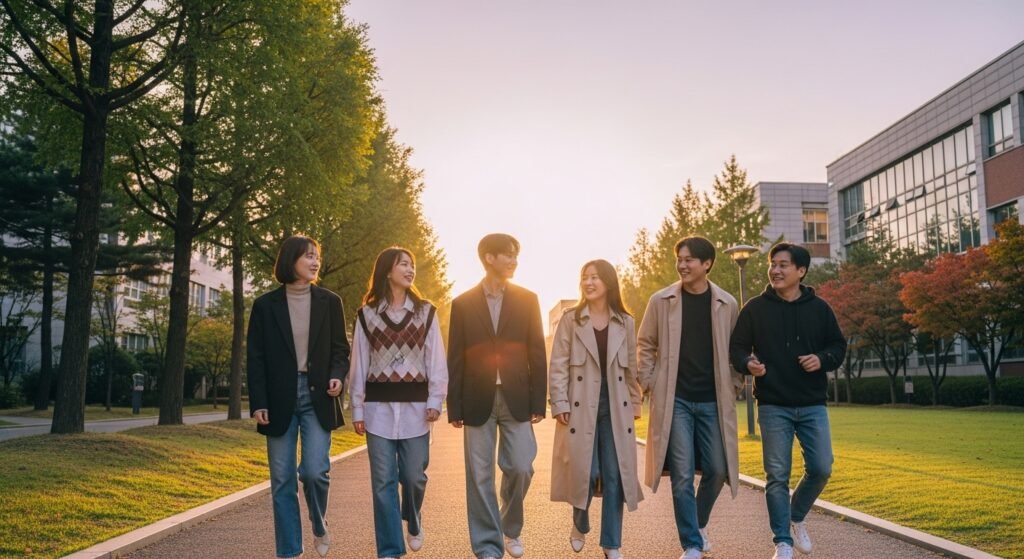 친구들과 웃으며 캠퍼스를 걷는 밝은 모습